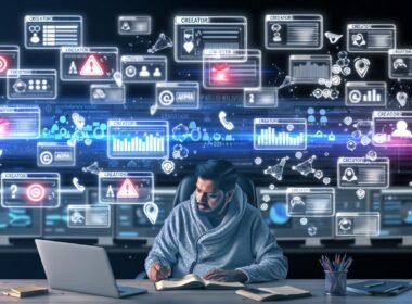 Digitaler Marketingprofi an Schreibtisch im Hightech-Office, umgeben von holografischen Benutzeroberflächen, Social Media-Icons, Diagrammen, Monitoren und Datenströmen mit Warn- und Statistiksymbolen.