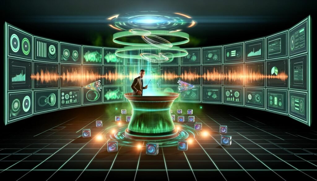 Illustration eines futuristischen digitalen Kontrollraums mit Marketer, holografischem Dashboard mit Audio-Analysen und Amazon Music Branding.