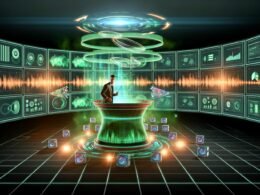 Illustration eines futuristischen digitalen Kontrollraums mit Marketer, holografischem Dashboard mit Audio-Analysen und Amazon Music Branding.