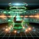 Illustration eines futuristischen digitalen Kontrollraums mit Marketer, holografischem Dashboard mit Audio-Analysen und Amazon Music Branding.