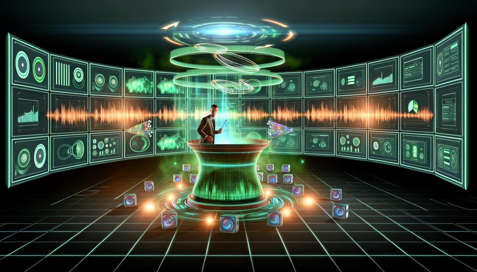 Illustration eines futuristischen digitalen Kontrollraums mit Marketer, holografischem Dashboard mit Audio-Analysen und Amazon Music Branding.
