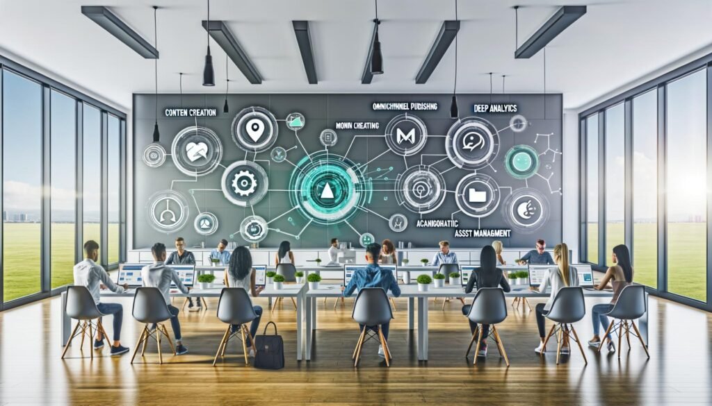 Modernes Marketingbüro mit digitalem Dashboard, diversen Marketingprofis an Laptops, und grafischer Darstellung von Content-Erstellung, Omnichannel-Publishing, Deep Analytics, Asset-Management sowie KI-Integrationen.