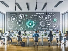 Modernes Marketingbüro mit digitalem Dashboard, diversen Marketingprofis an Laptops, und grafischer Darstellung von Content-Erstellung, Omnichannel-Publishing, Deep Analytics, Asset-Management sowie KI-Integrationen.