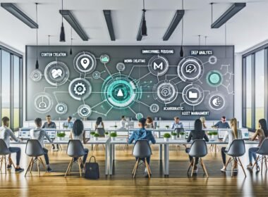 Modernes Marketingbüro mit digitalem Dashboard, diversen Marketingprofis an Laptops, und grafischer Darstellung von Content-Erstellung, Omnichannel-Publishing, Deep Analytics, Asset-Management sowie KI-Integrationen.