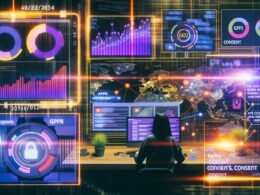 Collage mit modernen Dashboards im Dark Mode, bunten KPIs, Social Media Insights und DSGVO-Elementen rund um einen Creator am High-Tech-Arbeitsplatz.