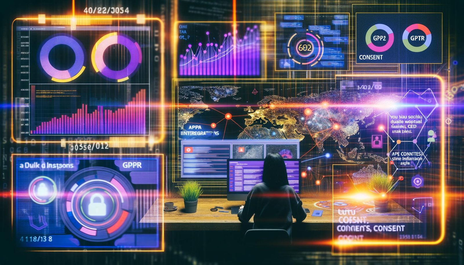 Collage mit modernen Dashboards im Dark Mode, bunten KPIs, Social Media Insights und DSGVO-Elementen rund um einen Creator am High-Tech-Arbeitsplatz.