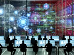 Mehrere Menschen vor Hologramm-Monitoren in einem futuristischen Kontrollraum mit schwebenden Datengrafiken, bunten Codes und neuronalen Netzwerken im Hintergrund.