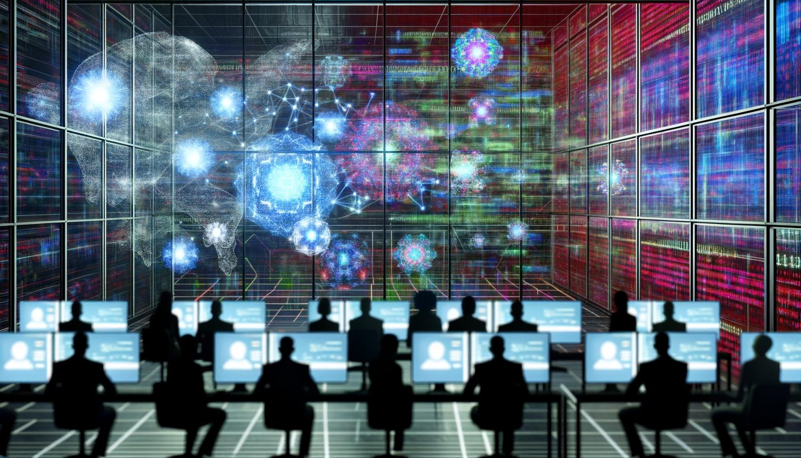 Mehrere Menschen vor Hologramm-Monitoren in einem futuristischen Kontrollraum mit schwebenden Datengrafiken, bunten Codes und neuronalen Netzwerken im Hintergrund.