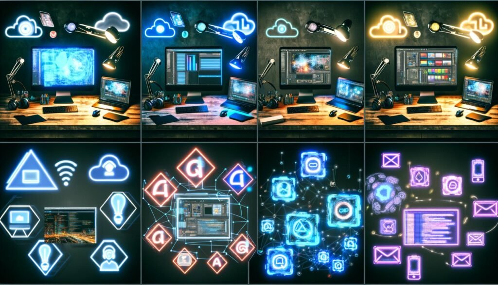 Futuristische Werkbank mit modernen Kreativ-Tools, holografischen KI- und Cloud-Icons, geteilten Workflows für Video-, Grafik- und Textbearbeitung sowie leuchtende Icons führender Software-Lösungen, verbunden durch Datenströme und Automatisierungssymbole.