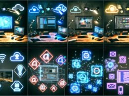 Futuristische Werkbank mit modernen Kreativ-Tools, holografischen KI- und Cloud-Icons, geteilten Workflows für Video-, Grafik- und Textbearbeitung sowie leuchtende Icons führender Software-Lösungen, verbunden durch Datenströme und Automatisierungssymbole.