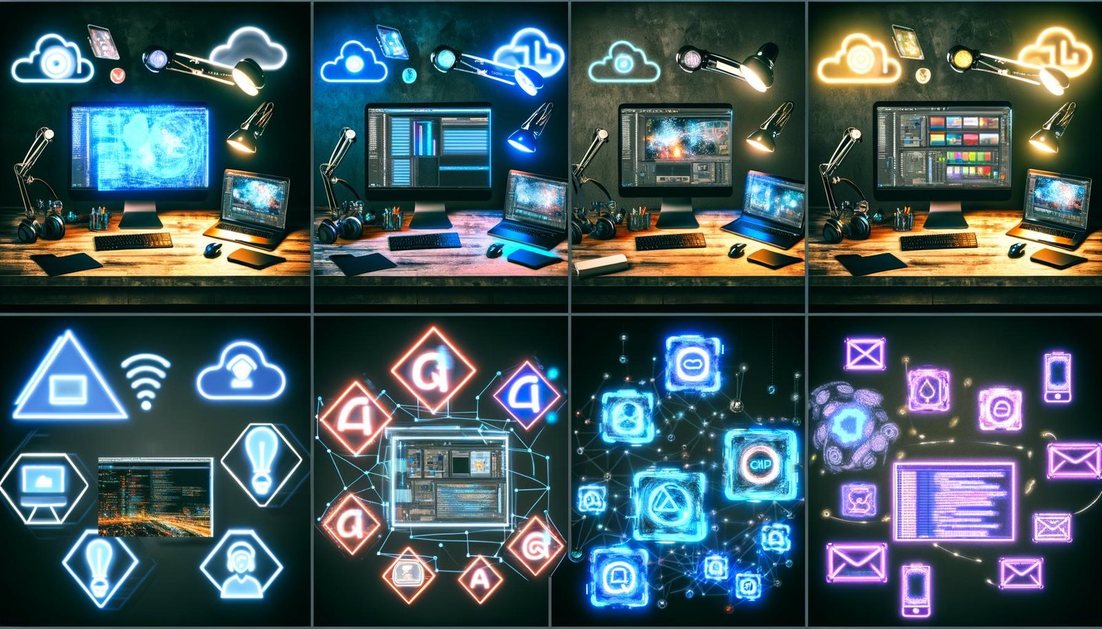 Futuristische Werkbank mit modernen Kreativ-Tools, holografischen KI- und Cloud-Icons, geteilten Workflows für Video-, Grafik- und Textbearbeitung sowie leuchtende Icons führender Software-Lösungen, verbunden durch Datenströme und Automatisierungssymbole.