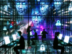 Silhouetten in einer digitalen Großstadt vor Computerbildschirmen, umgeben von Datenströmen und algorithmischen Symbolen bei Nacht in kühlen Neonfarben.