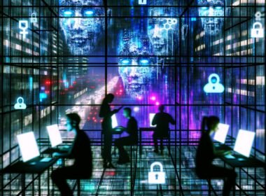 Silhouetten in einer digitalen Großstadt vor Computerbildschirmen, umgeben von Datenströmen und algorithmischen Symbolen bei Nacht in kühlen Neonfarben.