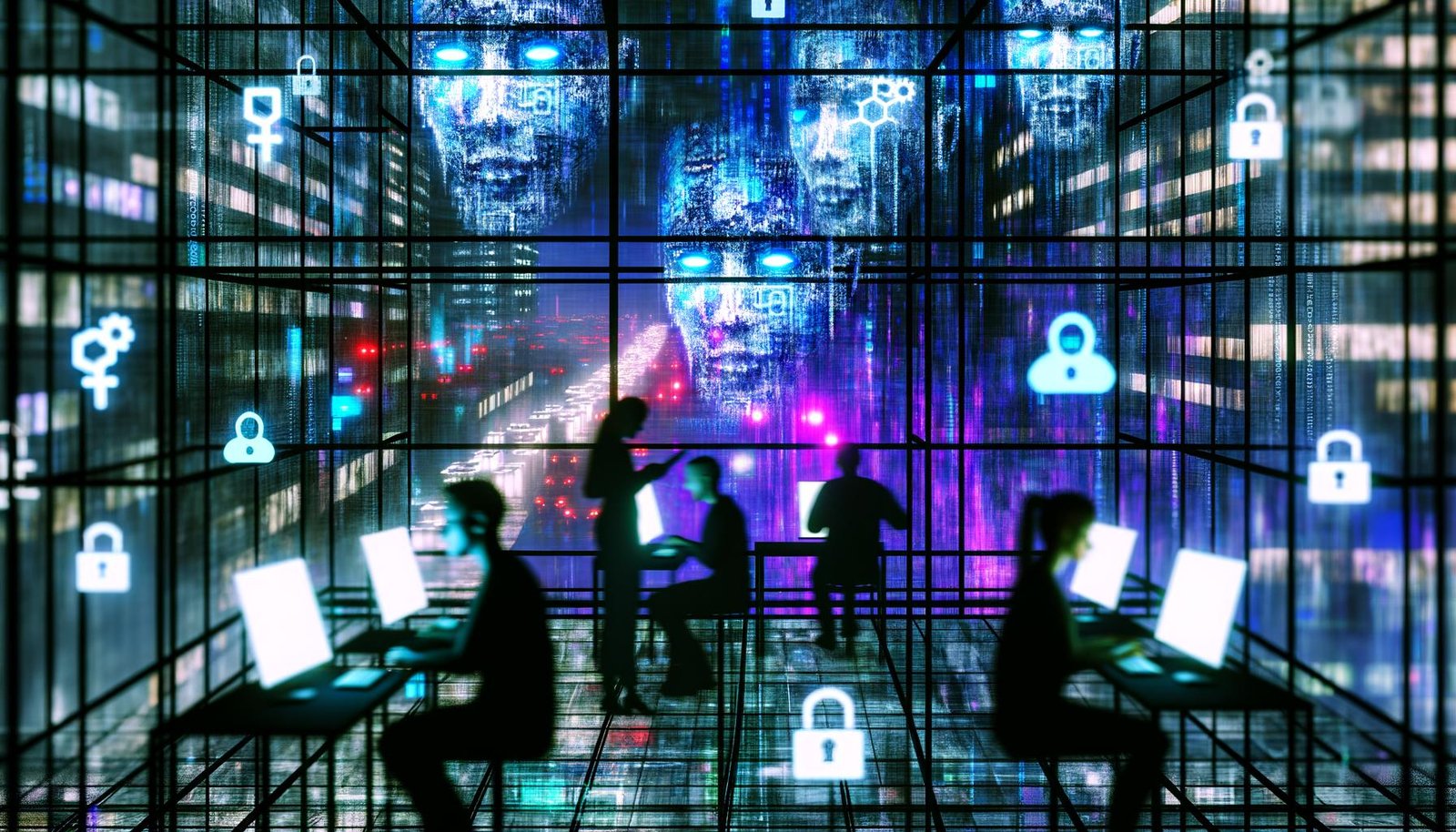 Silhouetten in einer digitalen Großstadt vor Computerbildschirmen, umgeben von Datenströmen und algorithmischen Symbolen bei Nacht in kühlen Neonfarben.