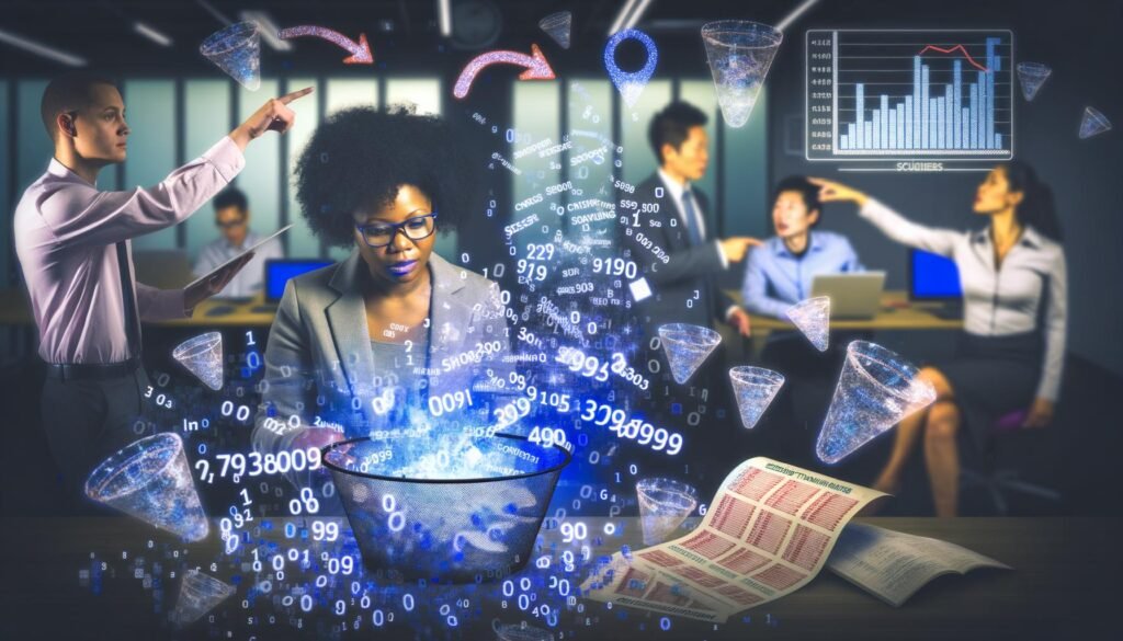 Illustration eines digitalen Marketers umgeben von schwebenden Daten-Dashboards, verworrenen Session ID-Strings und pixellierten Cookies in einem lichtdurchfluteten Büro, während im Hintergrund verschwommene Figuren Trichter und Conversion-Charts diskutieren.