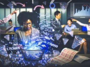 Illustration eines digitalen Marketers umgeben von schwebenden Daten-Dashboards, verworrenen Session ID-Strings und pixellierten Cookies in einem lichtdurchfluteten Büro, während im Hintergrund verschwommene Figuren Trichter und Conversion-Charts diskutieren.