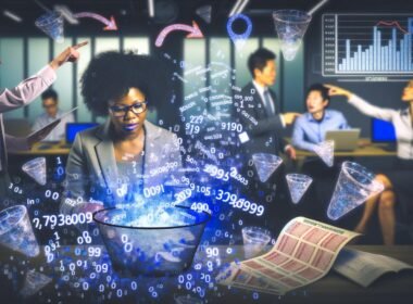 Illustration eines digitalen Marketers umgeben von schwebenden Daten-Dashboards, verworrenen Session ID-Strings und pixellierten Cookies in einem lichtdurchfluteten Büro, während im Hintergrund verschwommene Figuren Trichter und Conversion-Charts diskutieren.