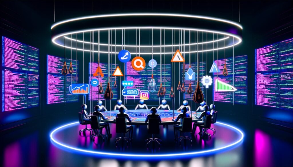 Futuristischer Kontrollraum mit KI-Algorithmen am runden Tisch, die Symbole für Online-Marketing steuern, darunter Like-Buttons, SEO-Graphen und Werbeanzeigen. Datenströme und komplexer Programmcode füllen den Hintergrund, Menschen wirken klein und angespannt.
