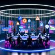 Futuristischer Kontrollraum mit KI-Algorithmen am runden Tisch, die Symbole für Online-Marketing steuern, darunter Like-Buttons, SEO-Graphen und Werbeanzeigen. Datenströme und komplexer Programmcode füllen den Hintergrund, Menschen wirken klein und angespannt.