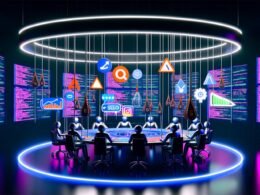 Futuristischer Kontrollraum mit KI-Algorithmen am runden Tisch, die Symbole für Online-Marketing steuern, darunter Like-Buttons, SEO-Graphen und Werbeanzeigen. Datenströme und komplexer Programmcode füllen den Hintergrund, Menschen wirken klein und angespannt.