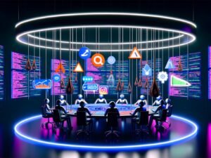 Futuristischer Kontrollraum mit KI-Algorithmen am runden Tisch, die Symbole für Online-Marketing steuern, darunter Like-Buttons, SEO-Graphen und Werbeanzeigen. Datenströme und komplexer Programmcode füllen den Hintergrund, Menschen wirken klein und angespannt.
