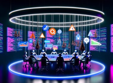 Futuristischer Kontrollraum mit KI-Algorithmen am runden Tisch, die Symbole für Online-Marketing steuern, darunter Like-Buttons, SEO-Graphen und Werbeanzeigen. Datenströme und komplexer Programmcode füllen den Hintergrund, Menschen wirken klein und angespannt.