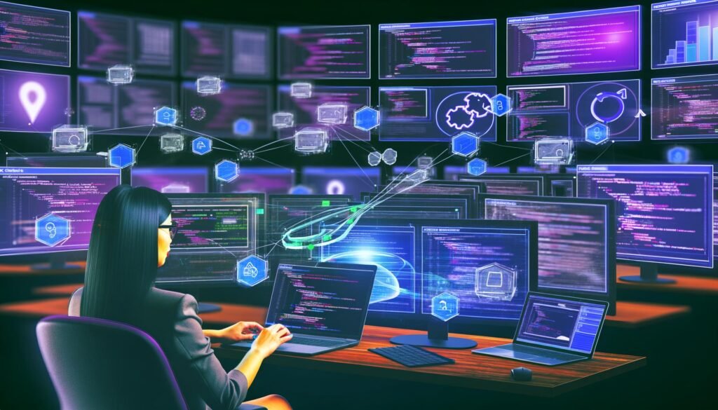 Moderner Arbeitsplatz mit mehreren Bildschirmen, die bunte Analytics-Dashboards, Session-Flows und Tracking-Code-Snippets zeigen, während ein Marketer am Laptop automatisiertes Session-Tracking verwaltet.