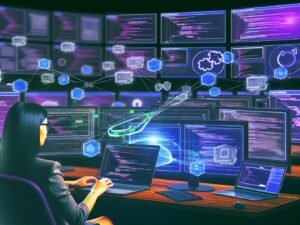 Moderner Arbeitsplatz mit mehreren Bildschirmen, die bunte Analytics-Dashboards, Session-Flows und Tracking-Code-Snippets zeigen, während ein Marketer am Laptop automatisiertes Session-Tracking verwaltet.