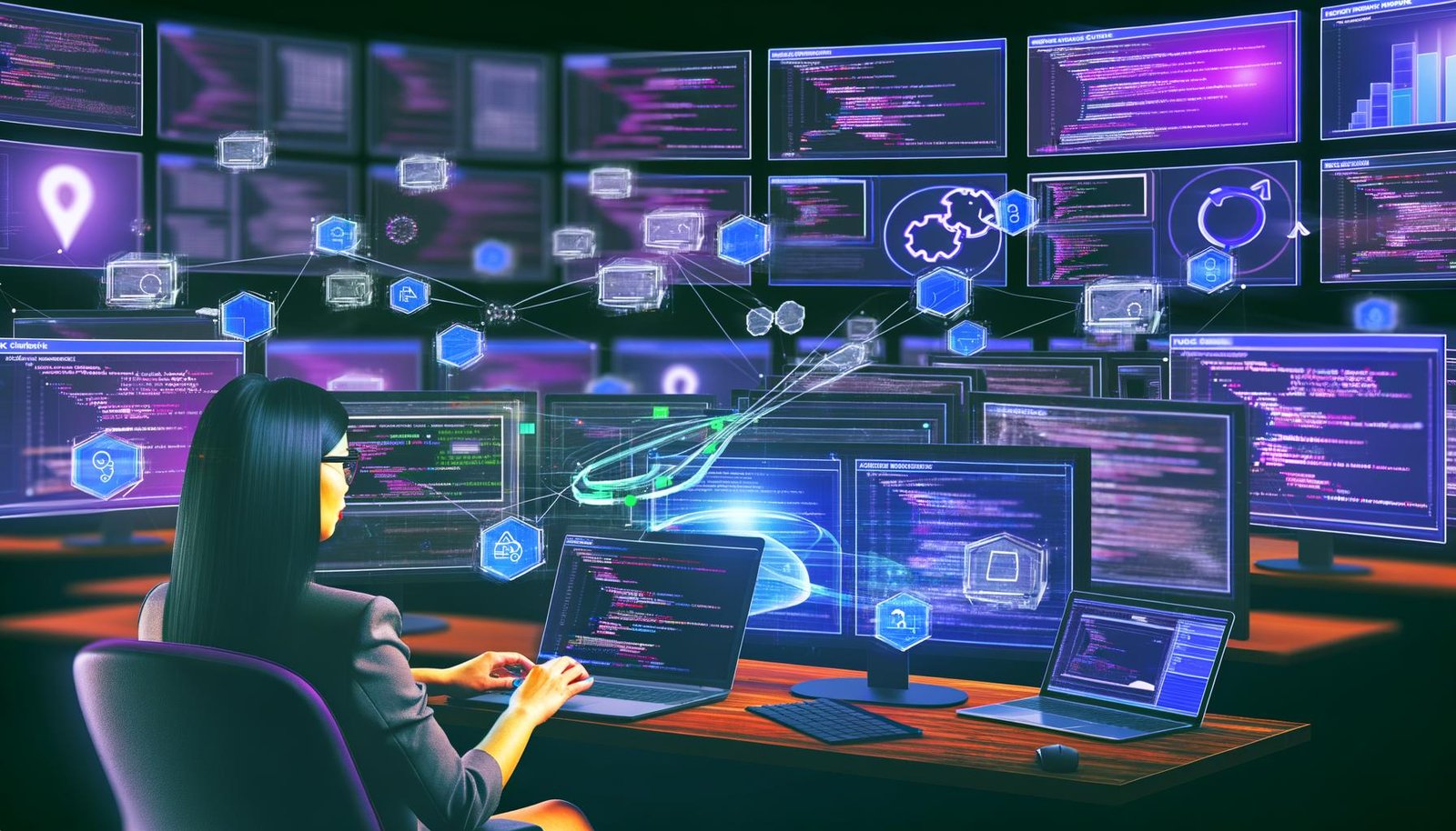 Moderner Arbeitsplatz mit mehreren Bildschirmen, die bunte Analytics-Dashboards, Session-Flows und Tracking-Code-Snippets zeigen, während ein Marketer am Laptop automatisiertes Session-Tracking verwaltet.