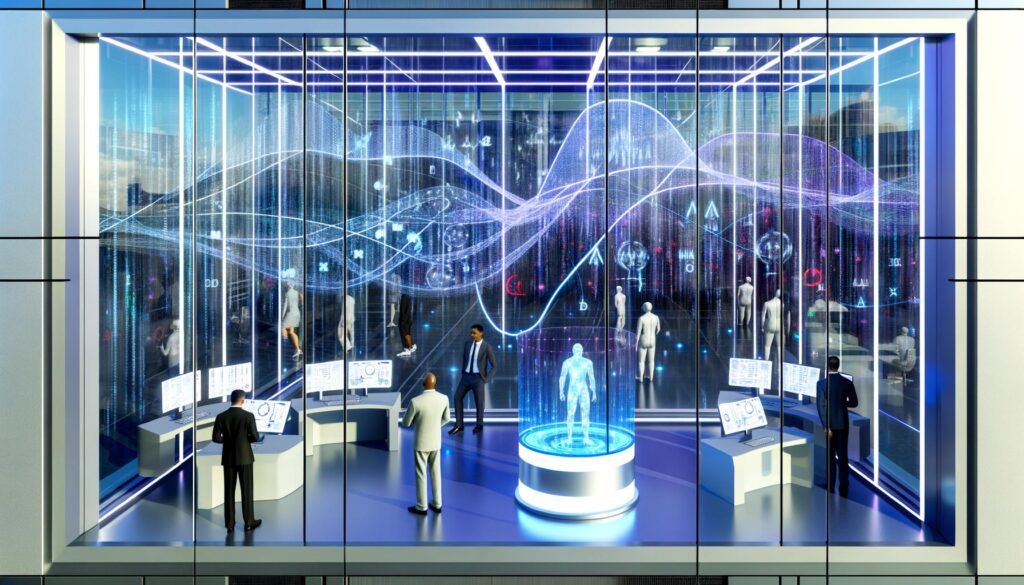 Menschen in futuristischem Büro betrachten durchsichtige Bildschirme mit Algorithmen, im Hintergrund arbeiten humanoide Roboter an Computern.