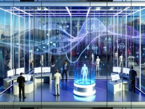 Menschen in futuristischem Büro betrachten durchsichtige Bildschirme mit Algorithmen, im Hintergrund arbeiten humanoide Roboter an Computern.