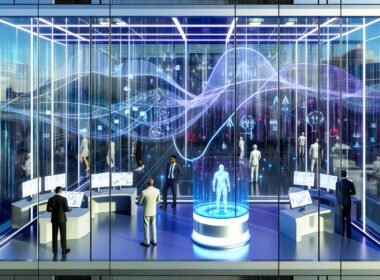 Menschen in futuristischem Büro betrachten durchsichtige Bildschirme mit Algorithmen, im Hintergrund arbeiten humanoide Roboter an Computern.