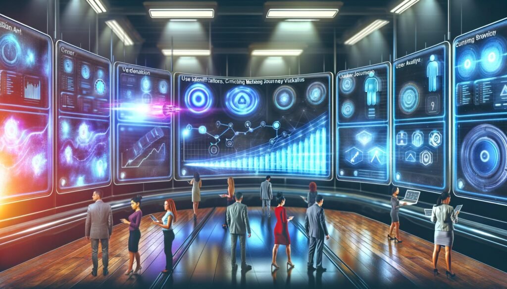 Modernes Kontrollzentrum mit großen digitalen Dashboards, die Datenanalysen, Nutzerflüsse und Marketing-KPIs in Echtzeit anzeigen, belebt durch ein diverses Marketingteam im Sci-Fi-Stil.