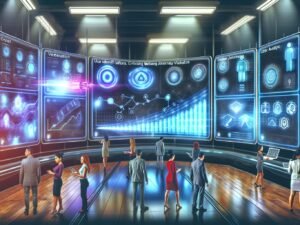 Modernes Kontrollzentrum mit großen digitalen Dashboards, die Datenanalysen, Nutzerflüsse und Marketing-KPIs in Echtzeit anzeigen, belebt durch ein diverses Marketingteam im Sci-Fi-Stil.