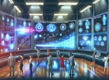 Modernes Kontrollzentrum mit großen digitalen Dashboards, die Datenanalysen, Nutzerflüsse und Marketing-KPIs in Echtzeit anzeigen, belebt durch ein diverses Marketingteam im Sci-Fi-Stil.