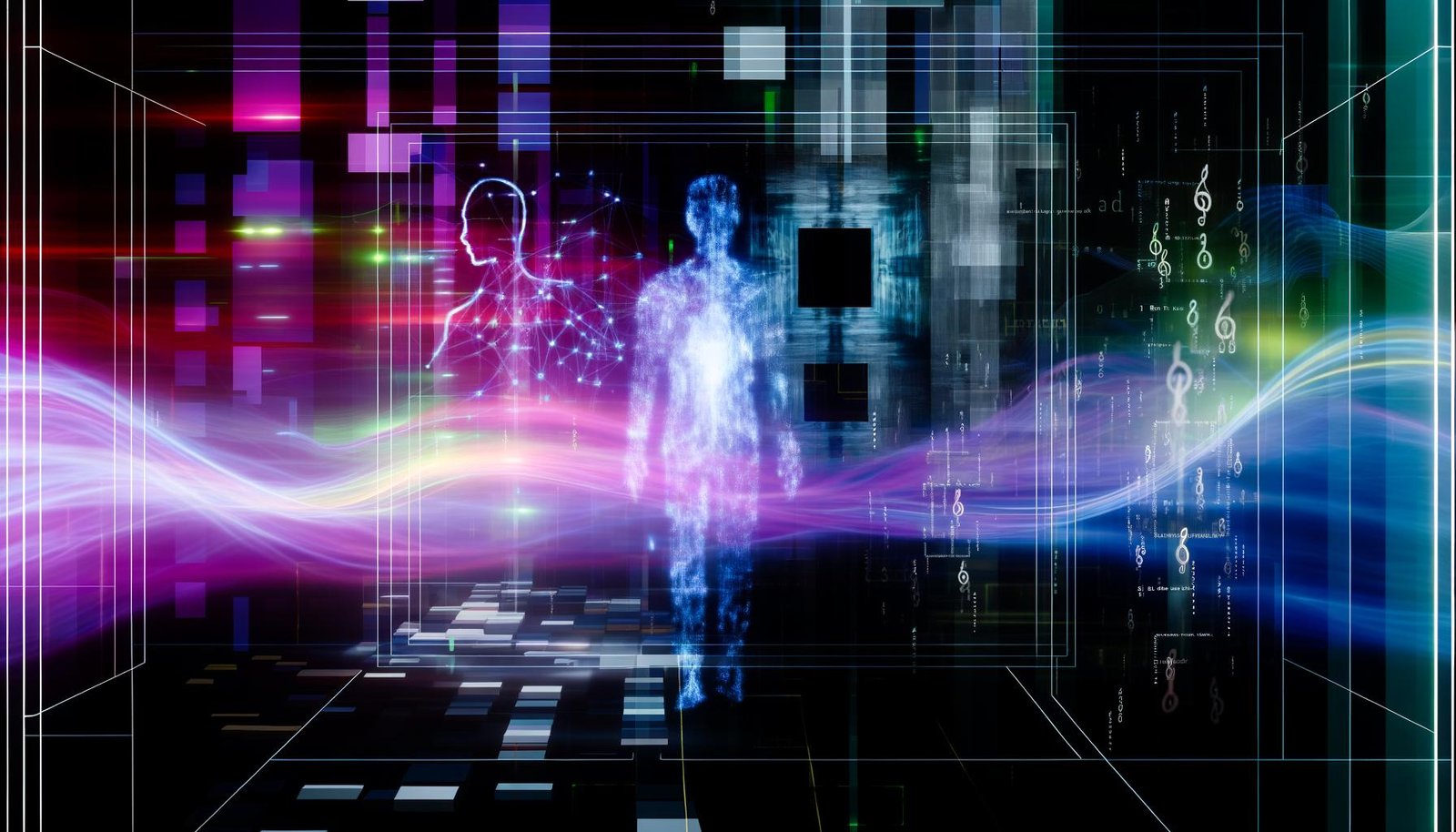 Düsterer Maschinenraum mit abstrahierten menschlichen Silhouetten, Neon-Datenströmen, Algorithmen und KI-Codefragmenten im Hintergrund