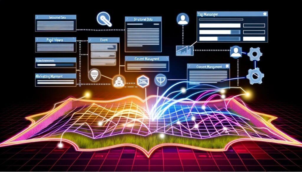 Dynamische Grafik eines digitalen Netzwerks mit Data- und Event-Layer, Consent-Management-Banner und Tag-Manager-Oberfläche in moderner Webumgebung.