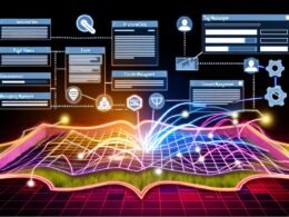 Dynamische Grafik eines digitalen Netzwerks mit Data- und Event-Layer, Consent-Management-Banner und Tag-Manager-Oberfläche in moderner Webumgebung.
