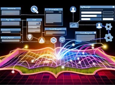 Dynamische Grafik eines digitalen Netzwerks mit Data- und Event-Layer, Consent-Management-Banner und Tag-Manager-Oberfläche in moderner Webumgebung.
