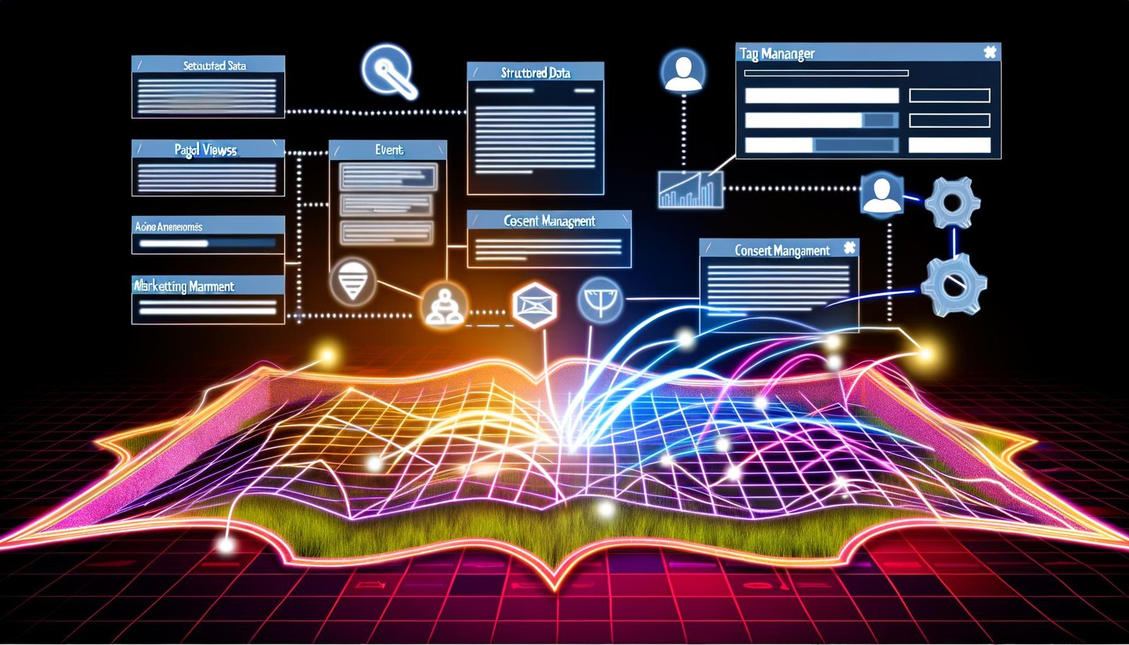 Dynamische Grafik eines digitalen Netzwerks mit Data- und Event-Layer, Consent-Management-Banner und Tag-Manager-Oberfläche in moderner Webumgebung.