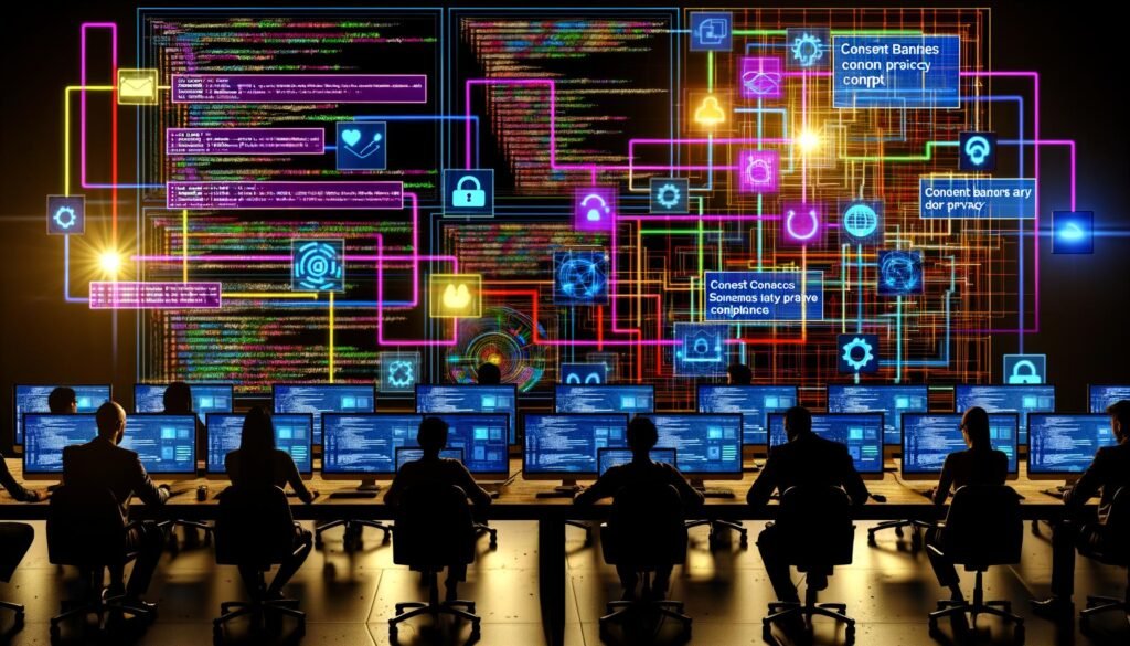 Digitalmarketer und Entwickler analysieren einen Hightech-Arbeitsplatz mit großen Dashboards und farbigen Datenflüssen bei Nacht, betont durch Datenschutz und Adaption.