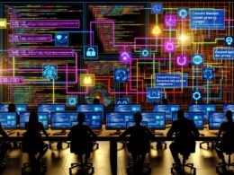 Digitalmarketer und Entwickler analysieren einen Hightech-Arbeitsplatz mit großen Dashboards und farbigen Datenflüssen bei Nacht, betont durch Datenschutz und Adaption.