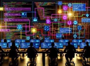 Digitalmarketer und Entwickler analysieren einen Hightech-Arbeitsplatz mit großen Dashboards und farbigen Datenflüssen bei Nacht, betont durch Datenschutz und Adaption.