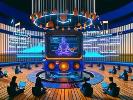 Futuristisches Soundstudio in Amazon-Farben mit Audioplayer, Server-Rack, abstrahiertem Radiomoderator und Marketern, die digitale Radiowerbung steuern.