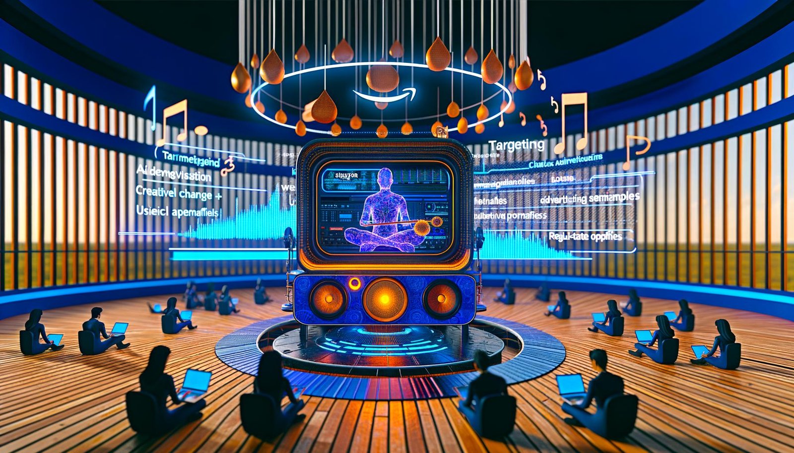 Futuristisches Soundstudio in Amazon-Farben mit Audioplayer, Server-Rack, abstrahiertem Radiomoderator und Marketern, die digitale Radiowerbung steuern.