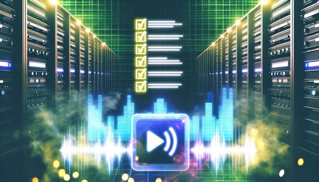 Digital inszenierter Dschungel aus Serverracks, leuchtenden Audiowellen, Amazon Music und Spotify Logos mit einem glänzenden Amazon Music Player im Vordergrund und holografischer Checkliste.