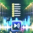 Digital inszenierter Dschungel aus Serverracks, leuchtenden Audiowellen, Amazon Music und Spotify Logos mit einem glänzenden Amazon Music Player im Vordergrund und holografischer Checkliste.