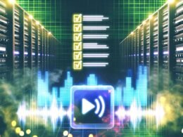 Digital inszenierter Dschungel aus Serverracks, leuchtenden Audiowellen, Amazon Music und Spotify Logos mit einem glänzenden Amazon Music Player im Vordergrund und holografischer Checkliste.