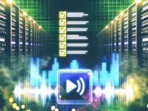 Digital inszenierter Dschungel aus Serverracks, leuchtenden Audiowellen, Amazon Music und Spotify Logos mit einem glänzenden Amazon Music Player im Vordergrund und holografischer Checkliste.