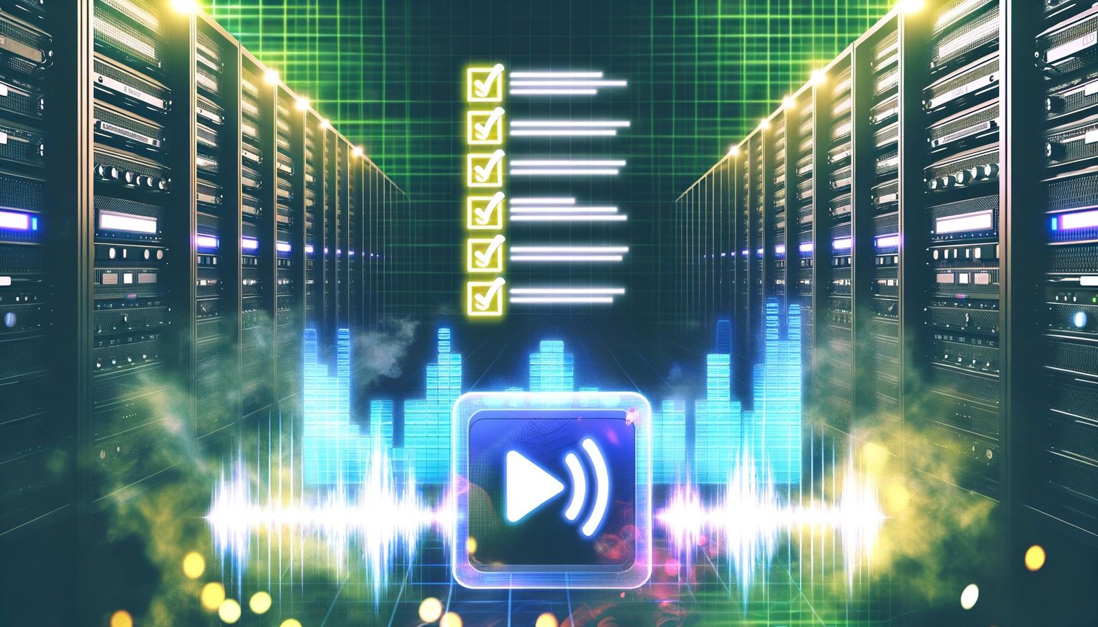Digital inszenierter Dschungel aus Serverracks, leuchtenden Audiowellen, Amazon Music und Spotify Logos mit einem glänzenden Amazon Music Player im Vordergrund und holografischer Checkliste.